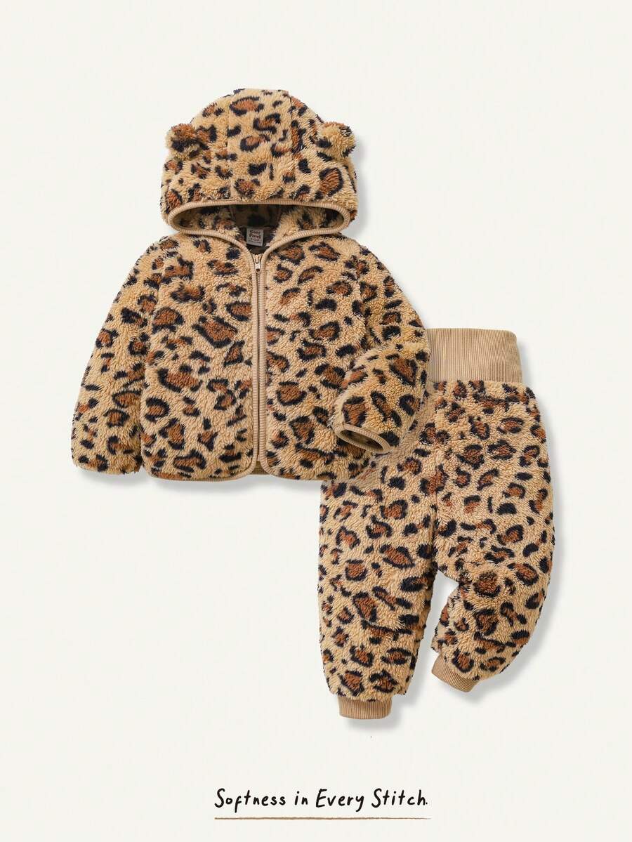 Cozy Pixies Baby Girl Leopard Print Hooded Fleece Winter Jacket & Belly-Covering Mid-Weight Long Pants Set - Camel - View 1