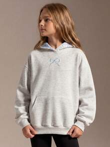 SHEIN Tween Girl Fashion Casual Sporty Bow Embroidery Sweatshirt - Light Grey - View 4