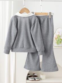 SHEIN Elladie kids 少女華夫格針織兩件套，灰色 Polo 領長袖上衣，仿兩層 V 領與蝴蝶結印花，搭配灰色喇叭褲，適合日常上學、社區散步、超市購物、短途旅行、拜訪親友 - 灰色 - 查看 2