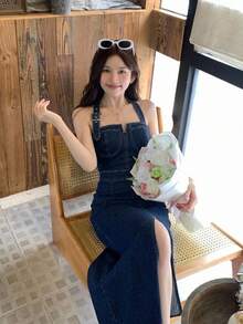 DAZY 夏季性感平口無袖收腰做舊水洗牛仔連身裙 女款 - 藍色 - 查看 12