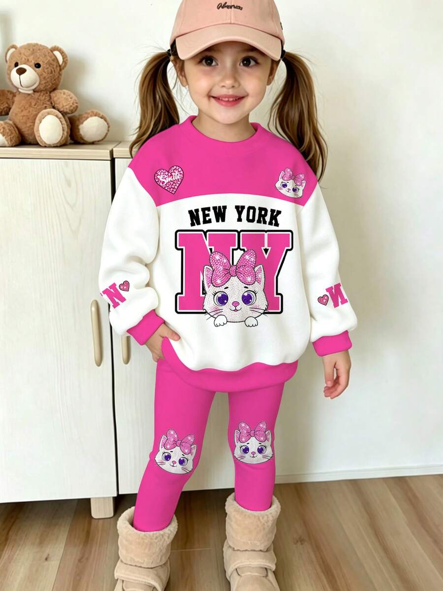 SHEIN 1套女童美式甜酷風玫瑰白對比色NY字母水鑽蝴蝶結貓咪圓領衛衣+純色玫瑰粉小貓印花內搭褲,適合戶外出遊,春秋季幼童2件套 - 彩色 - 查看 1