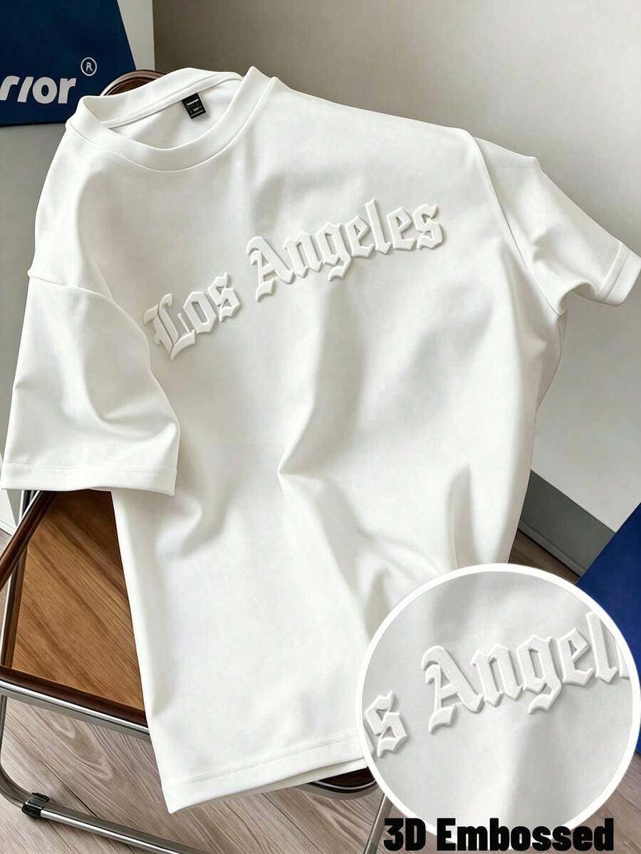 Daypath 3D 壓紋設計洛杉磯字母印花 T-shirt,短袖,休閒日常穿著,男女皆宜,都市街頭風 - 白色 - 查看 1