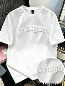 Daypath 3D 壓紋設計洛杉磯字母印花 T-shirt，短袖，休閒日常穿著，男女皆宜，都市街頭風 - 白色 - 查看 7