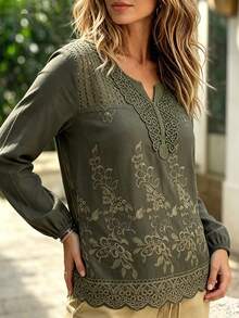 Linhara CURVE Plus Size Woven Printed Casual Autumn Shirt - Green - View 4