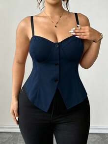 Elenzga Plus Size Elegant Casual Colorblock Spaghetti Strap Tank Top With Hem Slit And Button Design, Suitable For Daily Wear, Beach Vacation, Dating, Party, Spring/Summer - Navy Blue - View 6