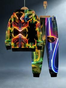1 Set Ragazzi Giovani Casual alla Moda Felpa con Cappuccio Stampa Spaziale Console di Gioco Neon Colorata + Pantaloni, Abbigliamento Scolastico Quotidiano Autunnale Ritorno a Scuola - Multicolore - Visualizzare 2
