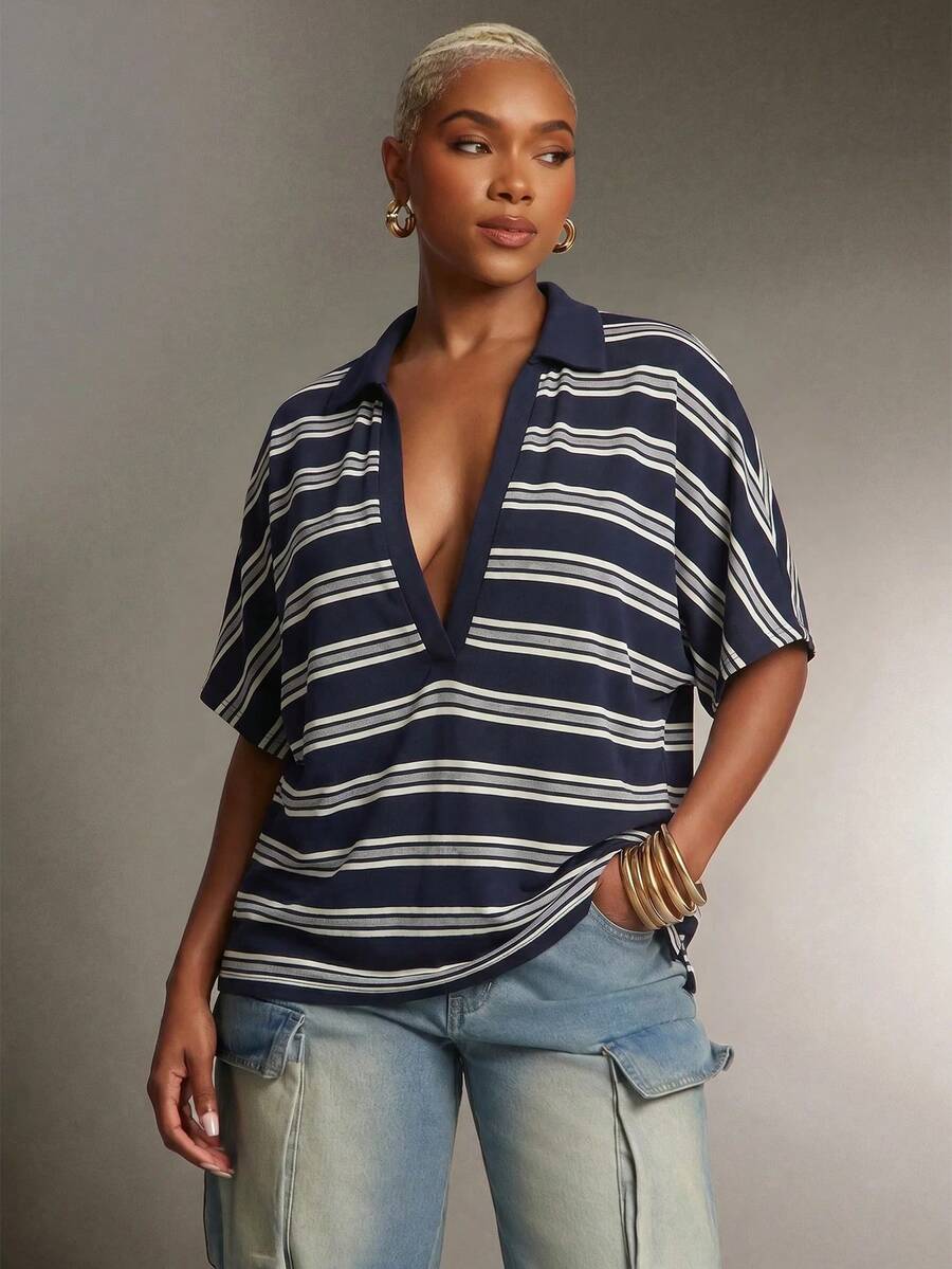 Denimoi Plunge Neck Collared Oversized Striped Polo Top Fashionable Tops - Blue - View 1