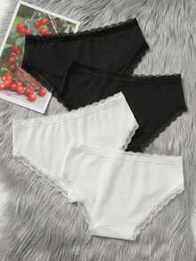 SHEIN Celana Dalam Segitiga Pinggang Elastis Dozemod untuk Remaja Perempuan, Lucu, Sederhana, Nyaman, dengan Hiasan Renda dan Pita, 4pcs/Pack - Hitam dan Putih - View 2