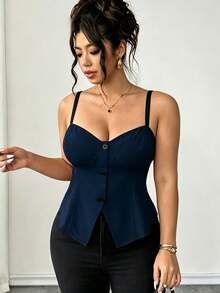 Elenzga Plus Size Elegant Casual Colorblock Spaghetti Strap Tank Top With Hem Slit And Button Design, Suitable For Daily Wear, Beach Vacation, Dating, Party, Spring/Summer - Navy Blue - View 7