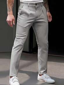 Manfinity Mode Plus Size Men's Slim Fit Pleated Straight Leg Dress Pants - Light Grey - View 3