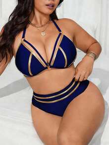 Swim SXY Set Bikini Segitiga Metalik Model Halter 2 Potong Ukuran Plus, Pakaian Renang Seksi untuk Liburan Pantai - Biru - View 6
