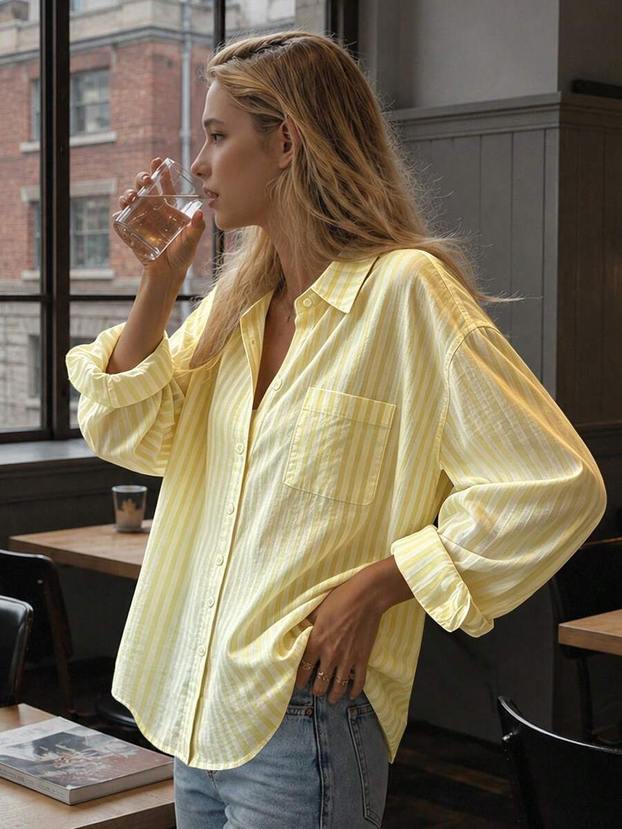 Franclia Women's Loose Casual Cotton Blend Yellow & White Striped Shirt - Multicolor - View 1