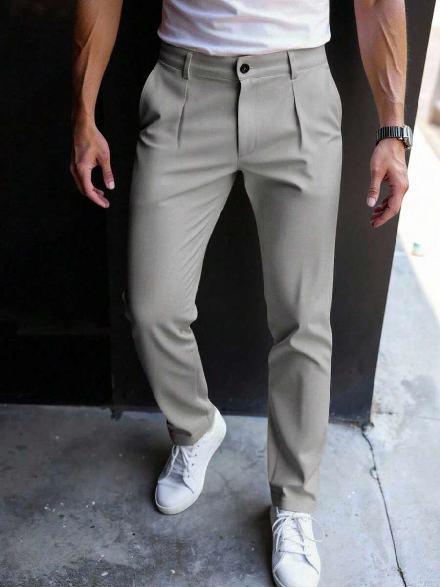 Manfinity Mode Plus Size Men's Slim Fit Pleated Straight Leg Dress Pants - Light Grey - View 1