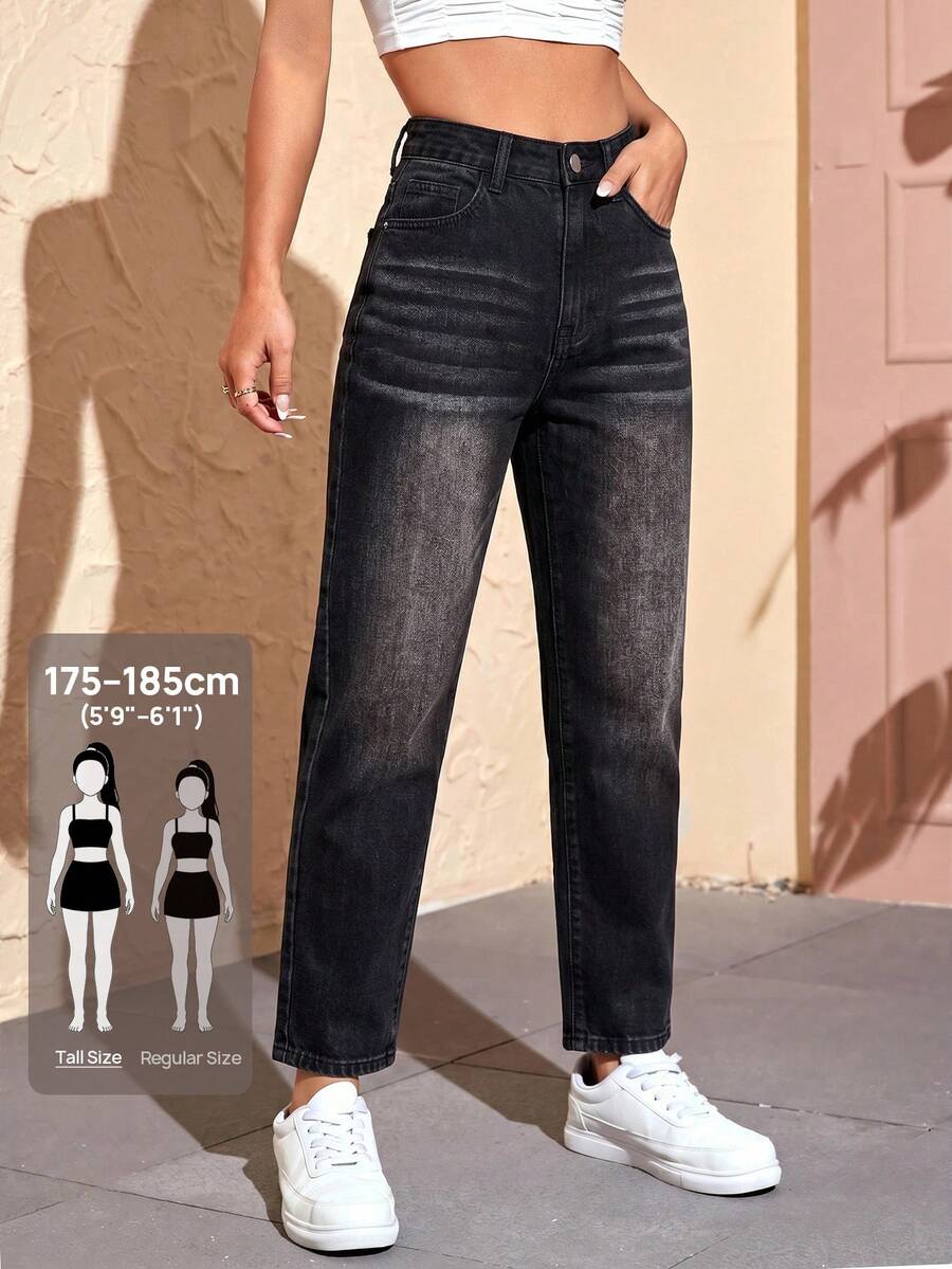 SHEIN Tall 女款休閒日常拉鍊開襟牛仔褲 - 黑色 - 查看 1