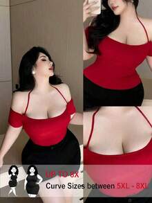 SHEIN CURVE+ Damen Große Größen Trägertop mit Off-Shoulder, weiches Strickoberteil, tailliert, minimalistischer Alltagsbegleiter, vielseitig, schmale Passform Pullover - Bordeaux - Übersicht 1