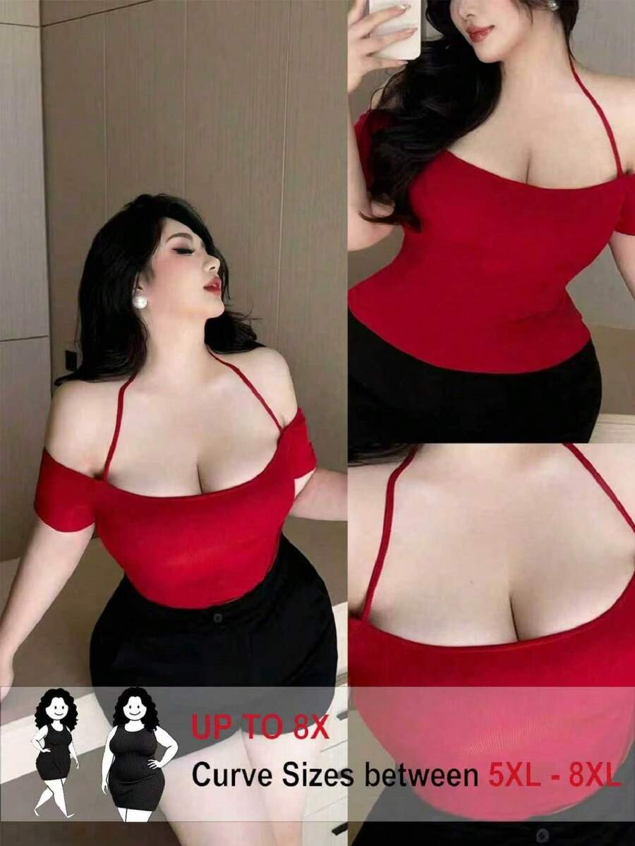 SHEIN CURVE+ Damen Große Größen Trägertop mit Off-Shoulder, weiches Strickoberteil, tailliert, minimalistischer Alltagsbegleiter, vielseitig, schmale Passform Pullover - Bordeaux - Übersicht 1