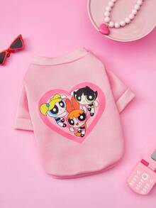 THE POWERPUFF GIRLS X PETSIN 1件粉色愛心印花寵物衣服，可愛設計有3個小女孩在踢足球，不含帽子，厚實保暖適合秋冬，讓您的寵物在寒冷的日子裡保持舒適，適合室內依偎或戶外散步 - 粉色 - 查看 2