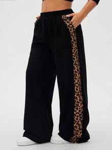 Easura Celana Panjang Kasual Ukuran Besar Streetwear Motif Leopard dengan Panel Samping dan Potongan Lebar untuk Musim Dingin - Hitam - View 1