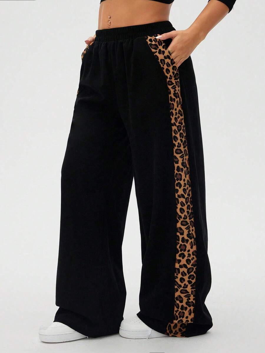 Easura Celana Panjang Kasual Ukuran Besar Streetwear Motif Leopard dengan Panel Samping dan Potongan Lebar untuk Musim Dingin - Hitam - View 1