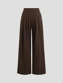 Sweetra Vintage Commuter Minimalist Intellectual Casual Young Lady Simple Business Daily Commute Business Meeting Afternoon Tea Top V-Neck Sleeveless Front Placket Three Same-Color Buttons High-Waist Pleated Wide-Leg Two Pieces Set - Brown - View 4