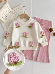 SHEIN LMoss Kids 女嬰針織圓領3D花朵休閒毛衣與長褲兩件套 - 彩色 - 查看 7