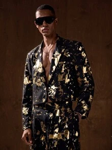 HIMLAND Men's Gold Foil Pattern Long Sleeve Jacket And Pants Suit Set - Black - View 1