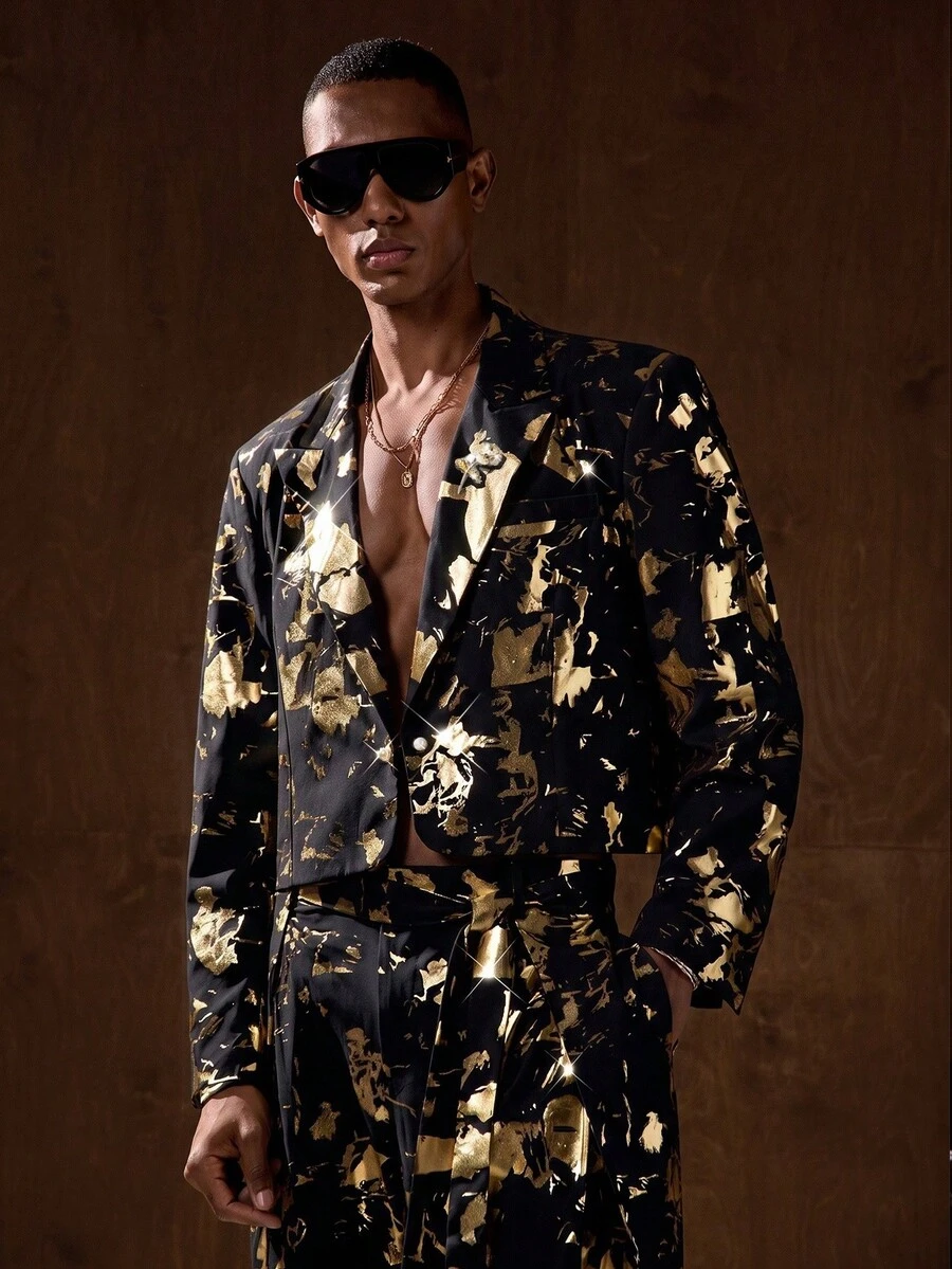 HIMLAND Men's Gold Foil Pattern Long Sleeve Jacket And Pants Suit Set - Black - View 1