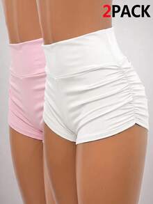 SHEIN EZwear 2件組女款休閒運動風極簡純色百褶單車短褲，適合夏季瑜伽健身房，秋季、聖誕、新年，白色淺粉色 - 彩色 - 查看 1