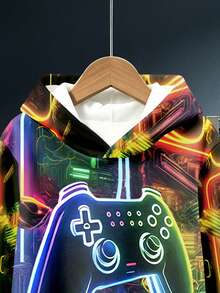 1 Set Ragazzi Giovani Casual alla Moda Felpa con Cappuccio Stampa Spaziale Console di Gioco Neon Colorata + Pantaloni, Abbigliamento Scolastico Quotidiano Autunnale Ritorno a Scuola - Multicolore - Visualizzare 5