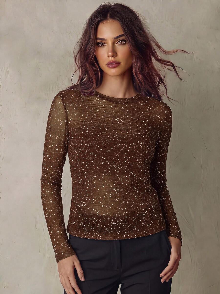 Franclia Blusa de manga larga con cuello redondo, parches de malla y detalles metálicos en color marrón - Café integral - Ver 1