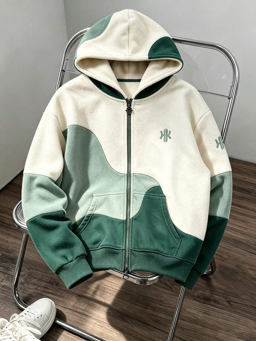 青少年男孩時尚連帽拉鍊運動衫,穿脫方便,附口袋與對比色設計,時尚HK圖案設計,舒適休閒,適合春、夏、秋季,完美適用於街頭穿搭、休閒、返校、聚會與假期派對 - 彩色 - 查看 1