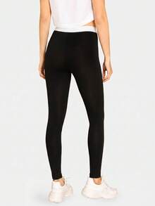 SHEIN BASICS 女款拼色高腰日常健身緊身褲 - 黑色 - 查看 2
