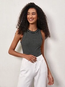 SHEIN BASICS 女款條紋圓領休閒百搭背心 - 巧克力棕 - 查看 6