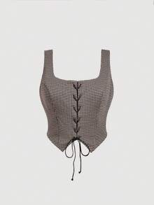 SHEIN MOD Plus Size Vintage Coffee Brown Houndstooth Front Tie Tank Top - Coffee Brown - View 6