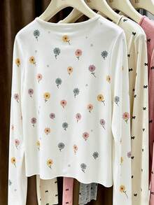 Resyla Women's Daisy Print Long Sleeve Single-Breasted Casual Top - White - View 2
