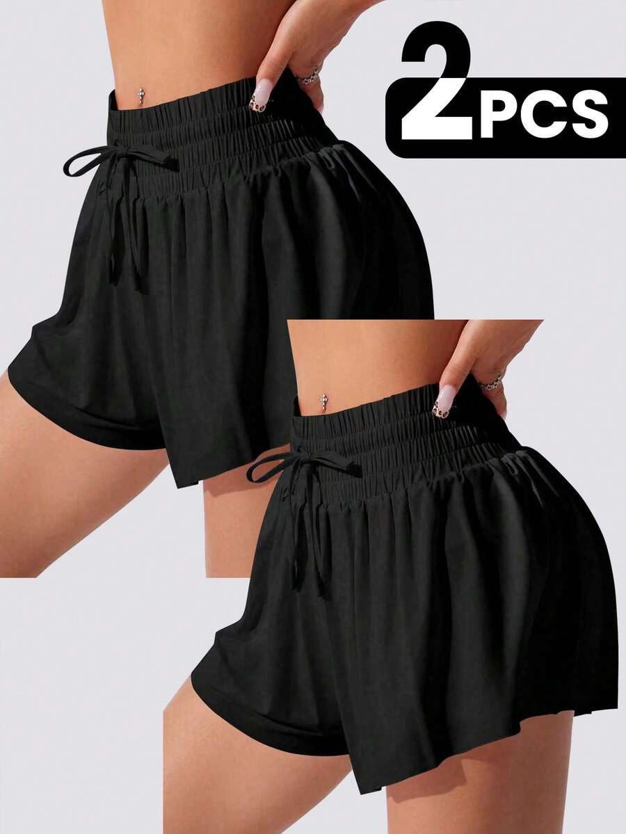 Velisys Velisys Women's Solid Color Waist Tie Loose Athletic Shorts - Black - View 1
