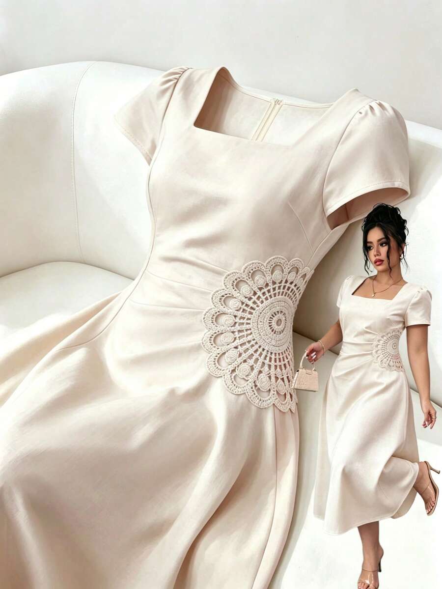 GlowEve CURVE Plus Size Women's Elegant Applique Dress For Daily Commute - Apricot - View 1