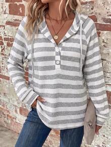 SHEIN Unity Women's Casual Striped Hooded T-Shirt, Spring/Autumn - Black and White - View 4