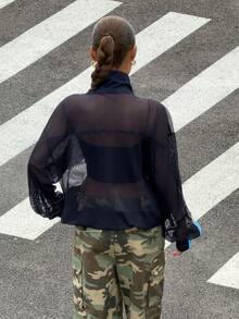 Muchica 海軍藍鏤空半透休閒女款大尺碼外套 秋季 - 藏蓝色 - 查看 2
