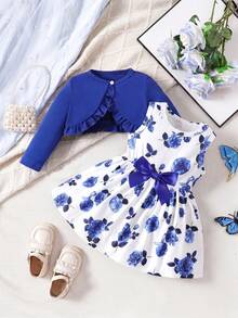 Baby Girls' Ruffle Trimmed Jacket And Floral Printed Sleeveless Dress Set - Royal Blue - View 8