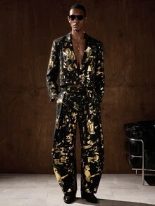HIMLAND Men's Gold Foil Pattern Long Sleeve Jacket And Pants Suit Set - Black - View 6