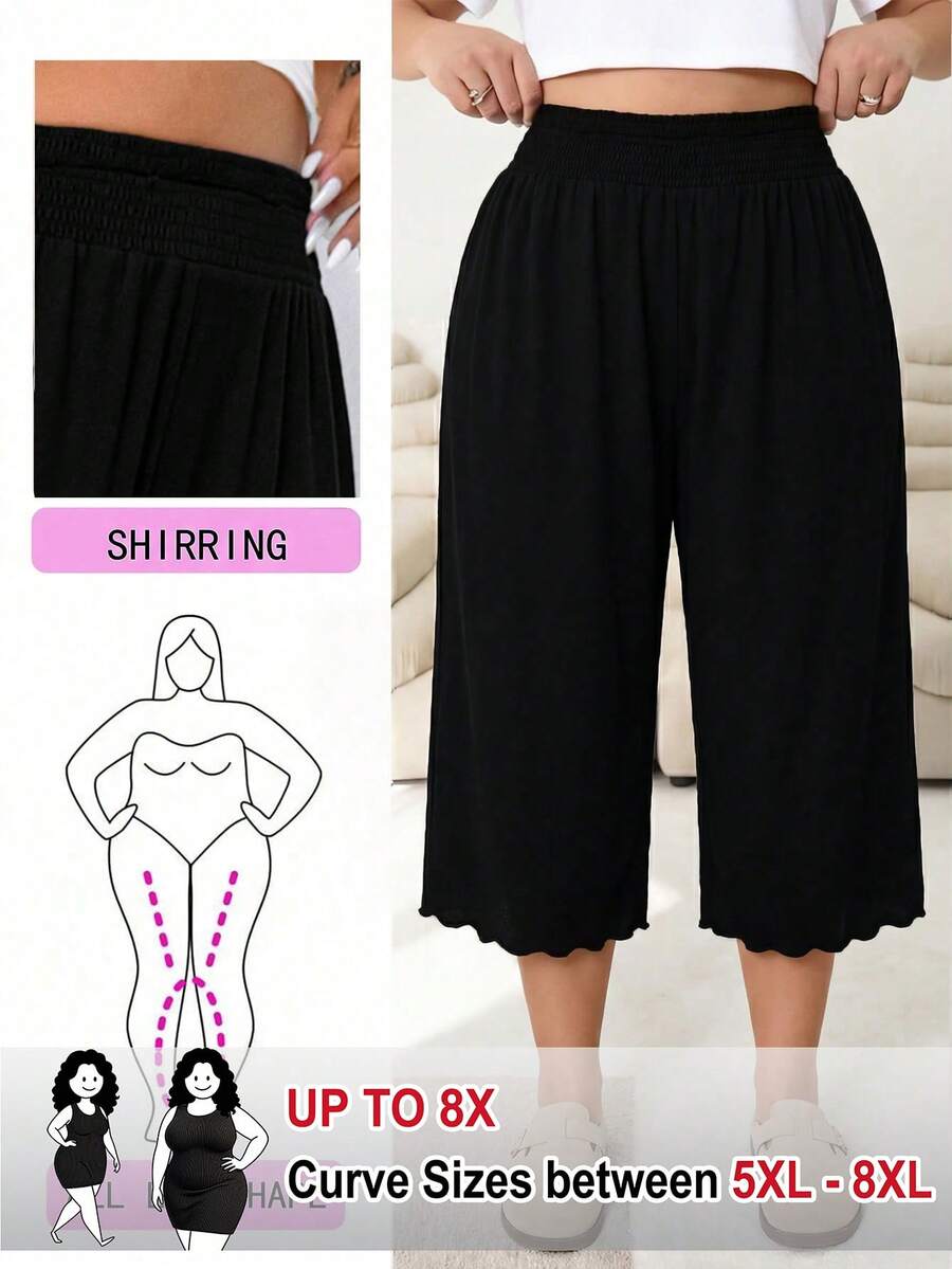 SHEIN CURVE+ 大码女式休闲抽绳腰针织七分裤 - 黑色 - 查看 1
