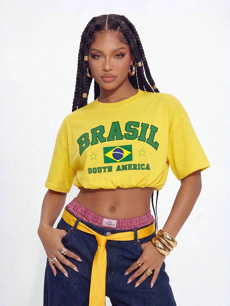 Gowayae Gowayae Women's American Vintage Brazil Letter Print Yellow Ruched Waist Short Sleeve T-Shirt - Yellow - View 1