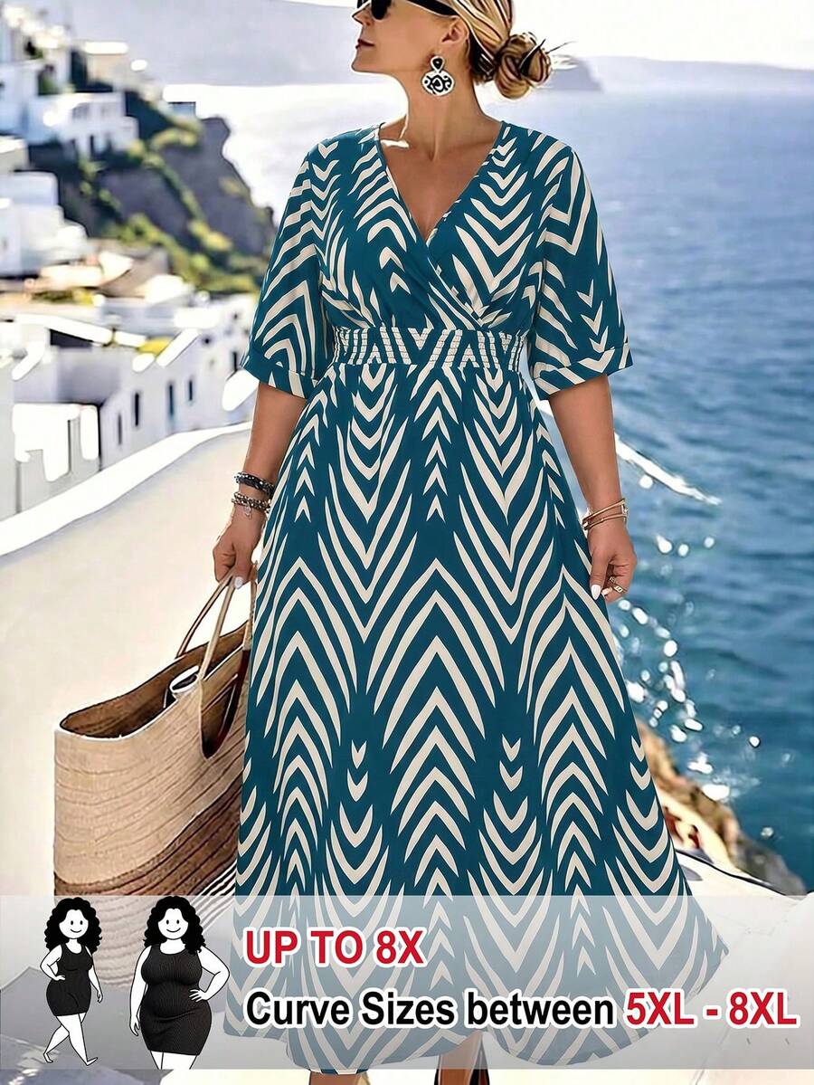 SHEIN CURVE+ 大码女士优雅休闲度假印花连衣裙,春夏款 - 藍色 - 查看 1