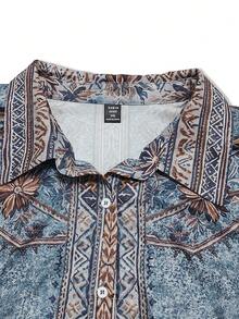 SHEIN LUNE CURVE Blus Wanita Ukuran Besar Motif Tenun Musim Panas Musim Gugur - Biru - View 6