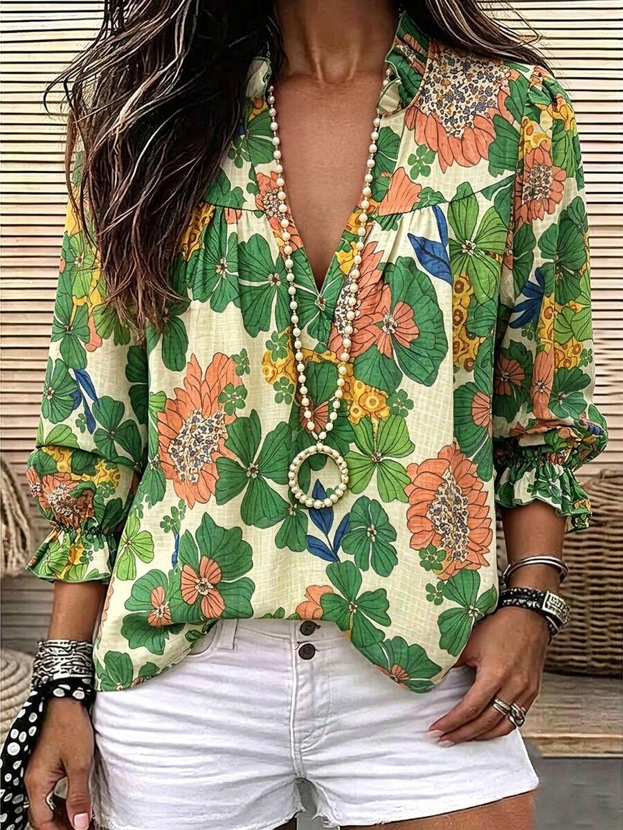 Linhara Plus-Size Women's Ruffle V-Neck Floral Print Shirt With Puffed Long Sleeves, Elastic Cuffs, Suitable For Spring And Autumn Vacation Fall - Green - View 1