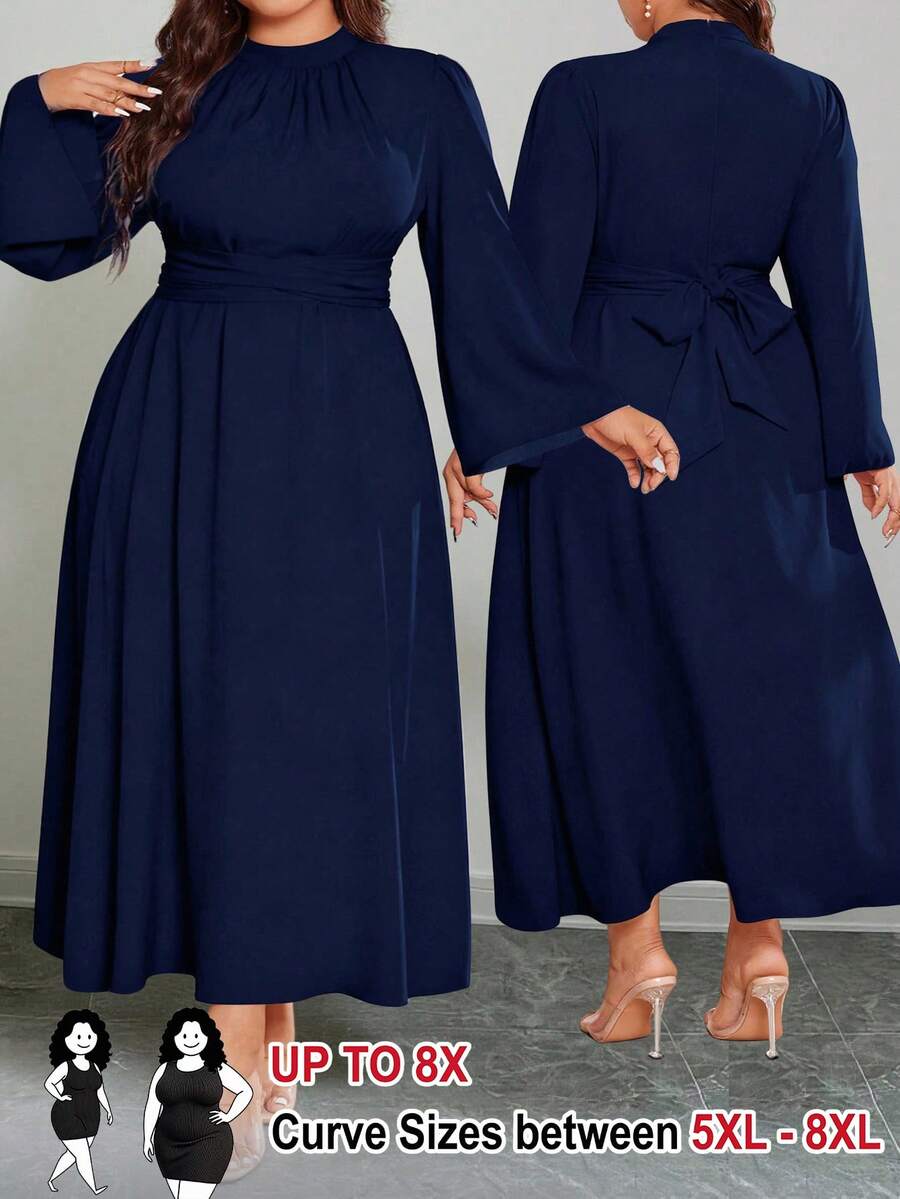 SHEIN CURVE+ Vestido de manga larga con cintura anudada y pliegues de unicolor para mujer de talla grande, versátil y elegante - Azul Marino - Ver 1