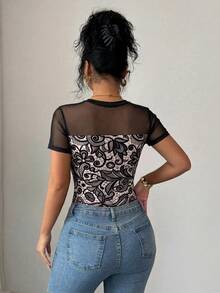 Elenzga 女款春夏優雅性感黑色仿蕾絲拼接網紗圓領短袖修身顯瘦百搭連身衣 - 彩色 - 查看 2