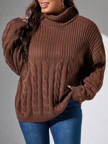 SHEIN CURVE+ Plus Turtleneck Cable Knit Drop Shoulder Sweater, For Winter Knit Pullover Fall Autumn - Brown - View 5