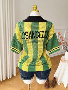 Comfortcana Plus Size Women Letter Pattern Colorblock Casual Daily Knit Top Fall - Multicolor - View 2